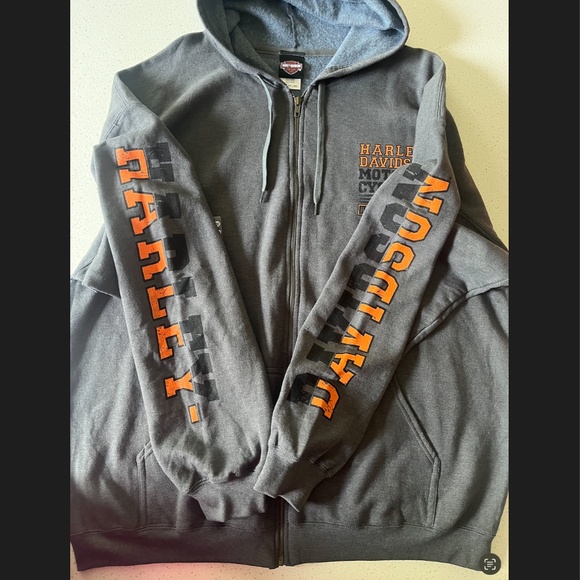 Harley Davidson Full Zip Dark Grey Orange Hoodie Jacket Logo Back Motorcycle - Picture 7 of 8